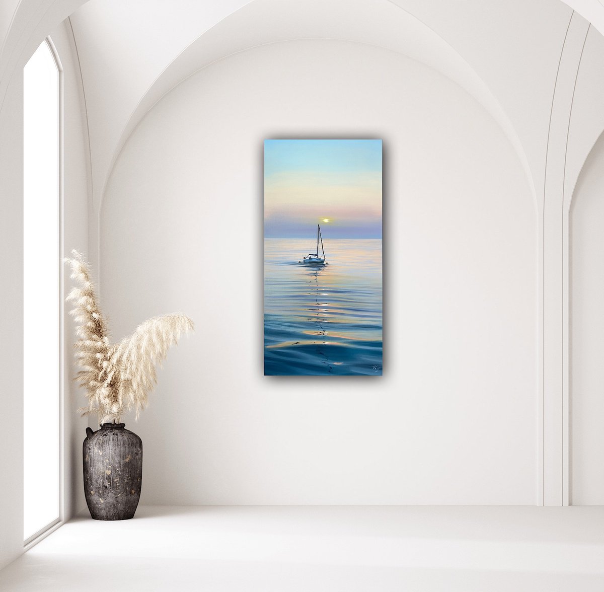 Photorealistic Landscape Oil Painting By Eva Volf, 24 X 48, Sunset