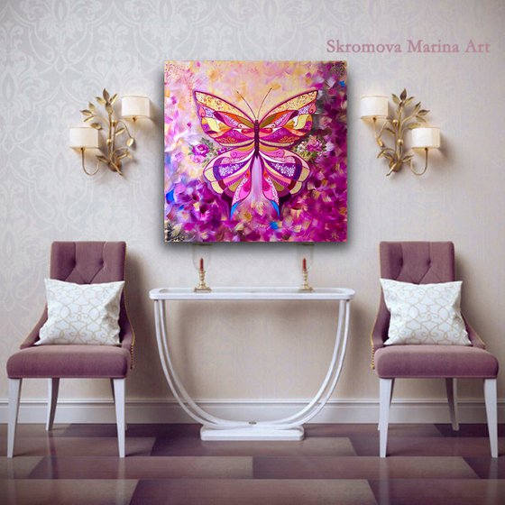 PINK URANIA - Big butterfly. Pink butterfly. Tropical butterfly. Abstract butterfly. Magic wings. Gold splashes. Steampunk style. Nature. Air. Flutters.
