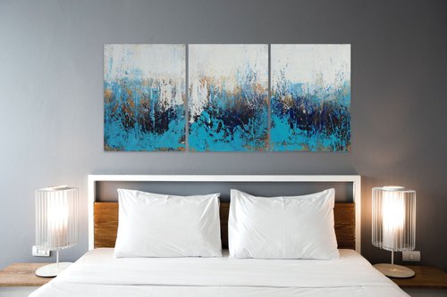 Blue and Gold Textured Painting with Structures. Triptych by Sveta Osborne