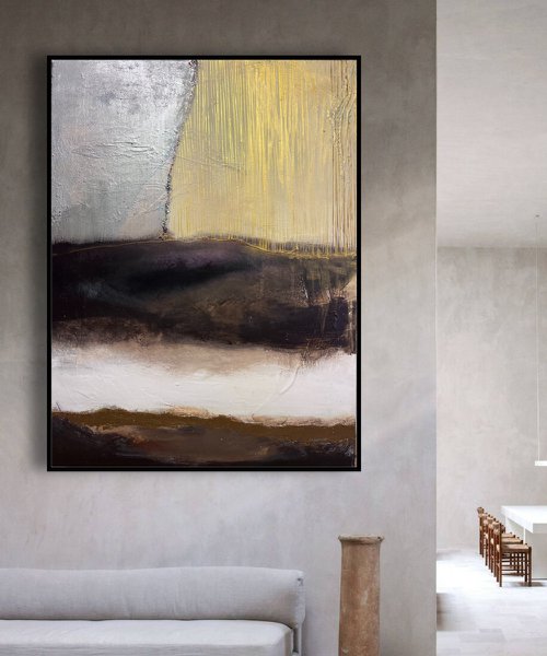 Abstract landscape painting "Distorted reality" neutral colors earth tones gold and glitter brown gold silver by Henrieta Angel