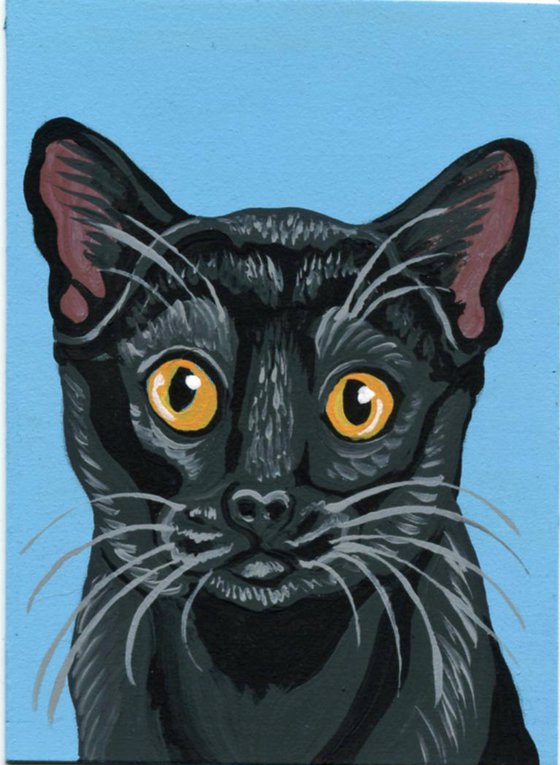 ACEO ATC Original Miniature Painting Black Kitten Pet Cat Art-Carla Smale