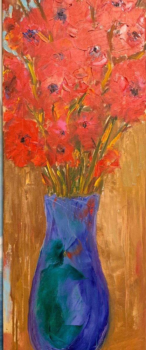 gladioli in a blue vase by Leo Baxiner