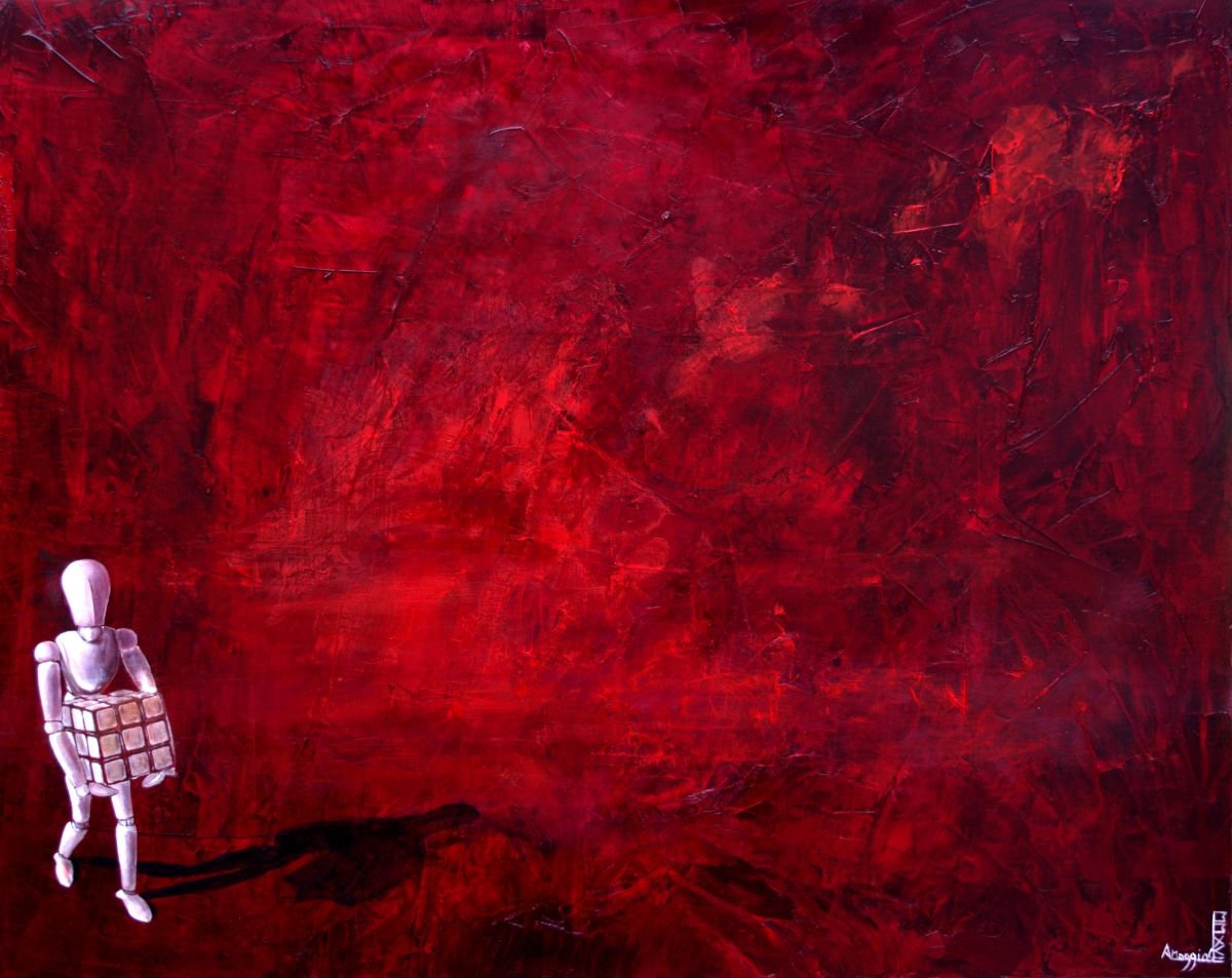 Surrealistic Still Life Oil Painting By Antonio Maggio Carluccio, 39 X 31, Cube 8 Red, Original Artwork