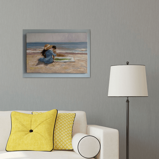 Motherhood-Impressionist beach figure oil painting. 50x70cm.
