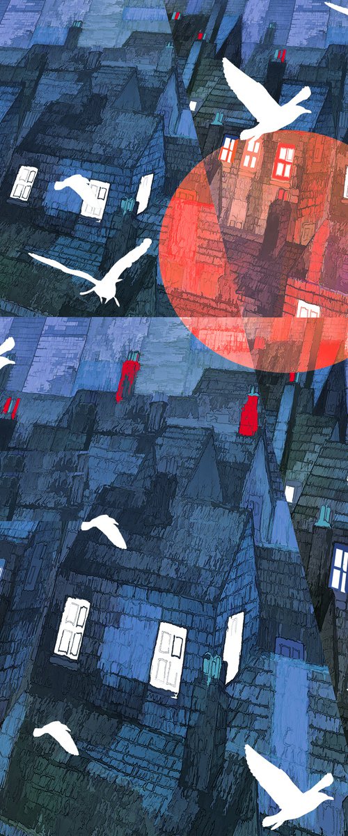 Urban Gulls over Moonlit Roofs by Christopher West