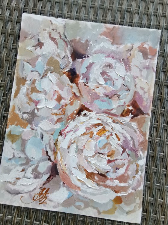 White flowers painting, Peonies painting on canvas, Peony Flowers Original