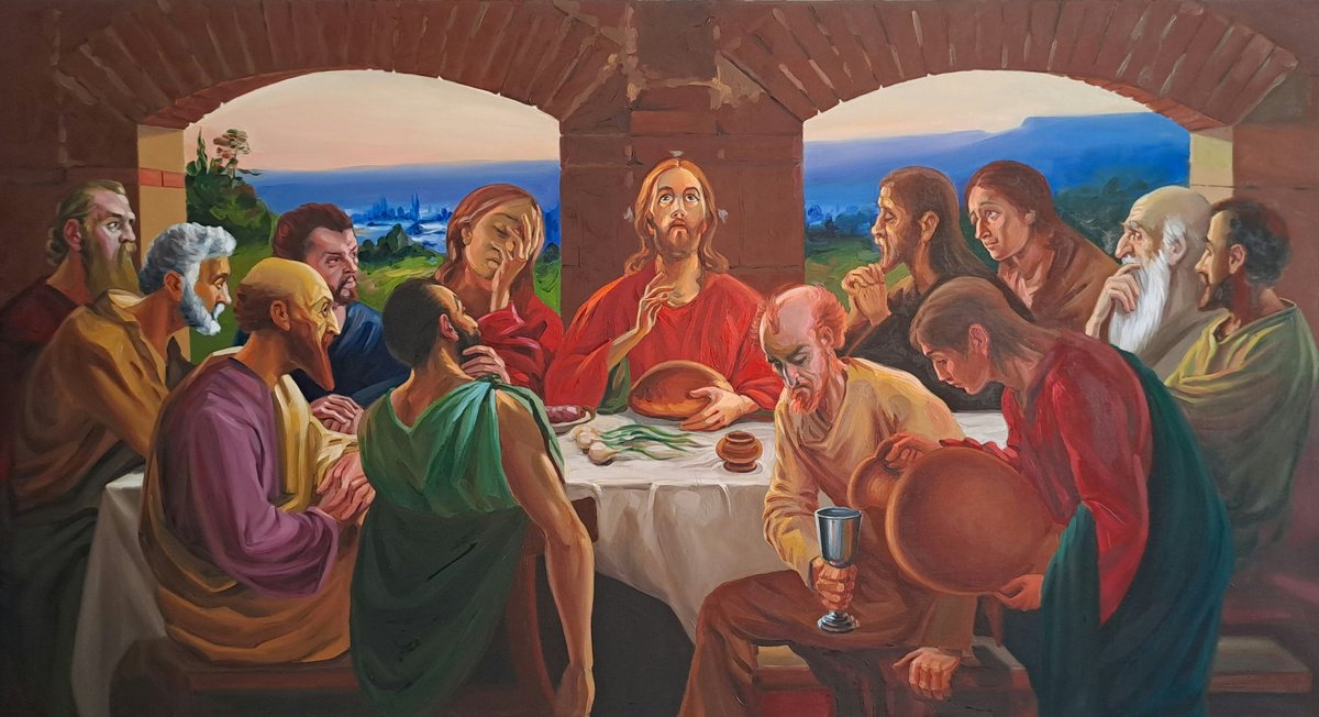 Impressionistic Portrait Oil Painting By Neda Krstic, 39 X 22", The Last Supper, Reproduction, Original Artwork