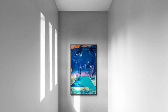 Big vertical painting - "Jump moment" - Pop Art - Palms - Swimming pool - Diptych