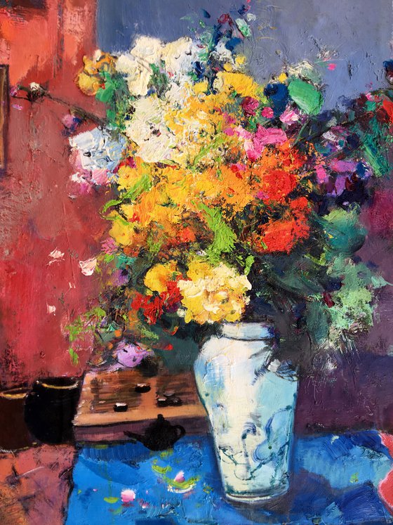 Still life oil painting:flowers in the vase