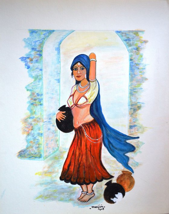 Village Belle exotic painting of an Indian women carrying a pot of water