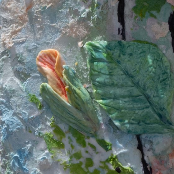 Peach Bloom Sculptural Floral Relief Art