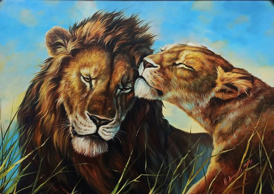 Lion's couple (70x100cm, oil painting, ready to hang)