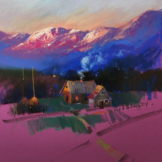 Ukrainian art Sunrise in the Carpathians Mountains. Soft pastel drawing 19.6x19.6 inch (50x50 cm)