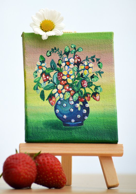 Flowers, Strawberries in blue pot, original acrylic miniature painting, still life