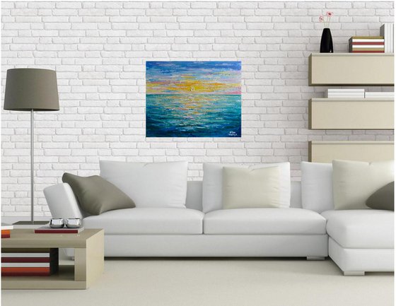 Sunrise - Impressionist seascape painting, ocean sunrise palette knife art