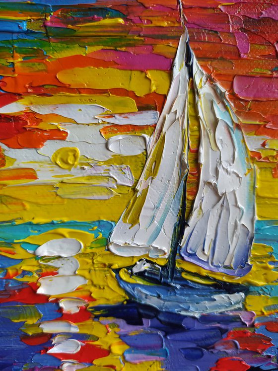 Alone in silence - yacht, sunset, oil painting, seascape,  landscape, yacht original painting, gift, sea with yachts, Impressionism, palette knife