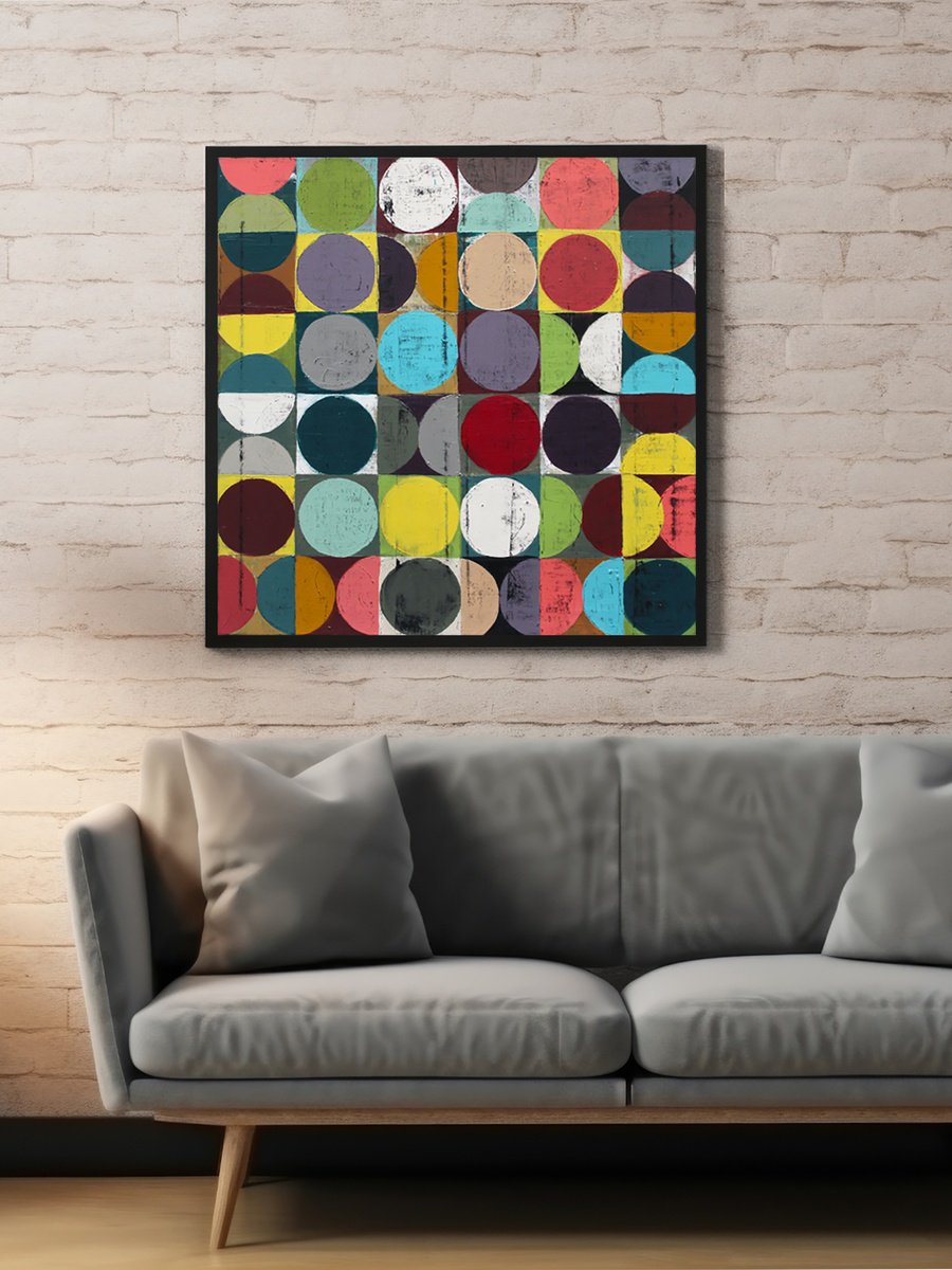 Geometric Abstract Acrylic Painting By Andrew Watt, 31 X 31, Vintage Spheres No 13 (Framed), Original Artwork