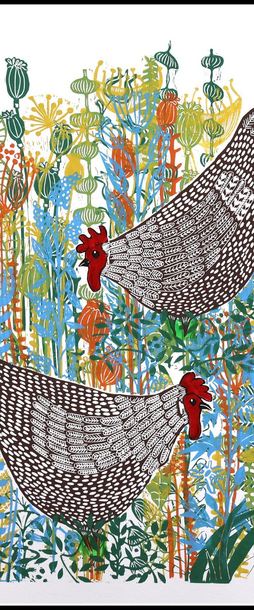 Hens in the yard by Mariann Johansen-Ellis