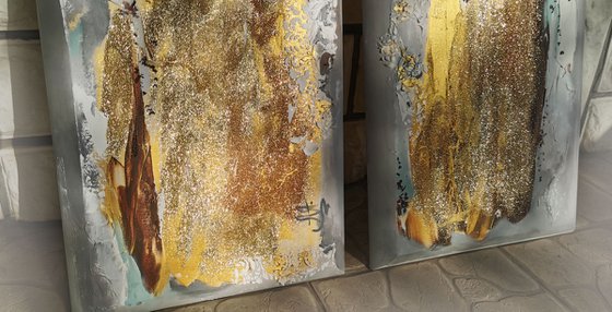 Golden paintings, Set of 2, Brown gold paintings