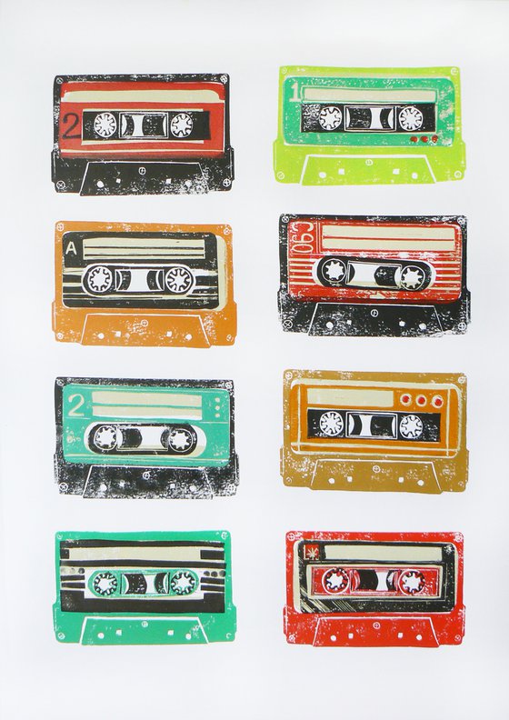 Linocut tapes #14 (cassette tapes, retro music, 70's, 80's rock culture)