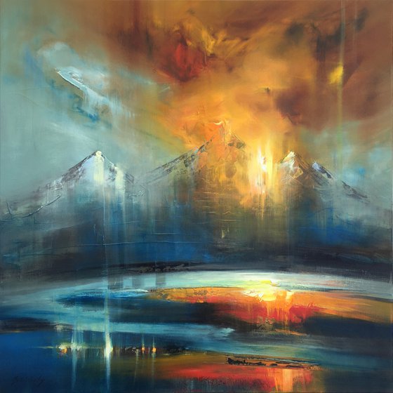 Blue Symphony - 80 x 80 cm abstract landscape oil painting in blue and red