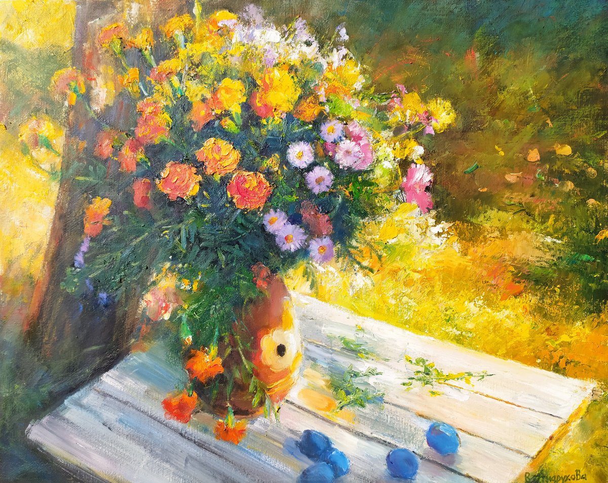 Still Life Oil Painting By Valentina Andrukhova, 20 X 16", Flowers And Plums, Original Artwork