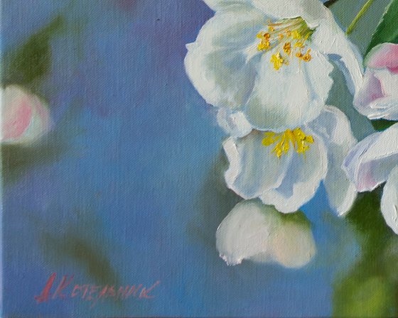"Spring came"  apple tree flower spring  liGHt original painting PALETTE KNIFE  GIFT (2019)