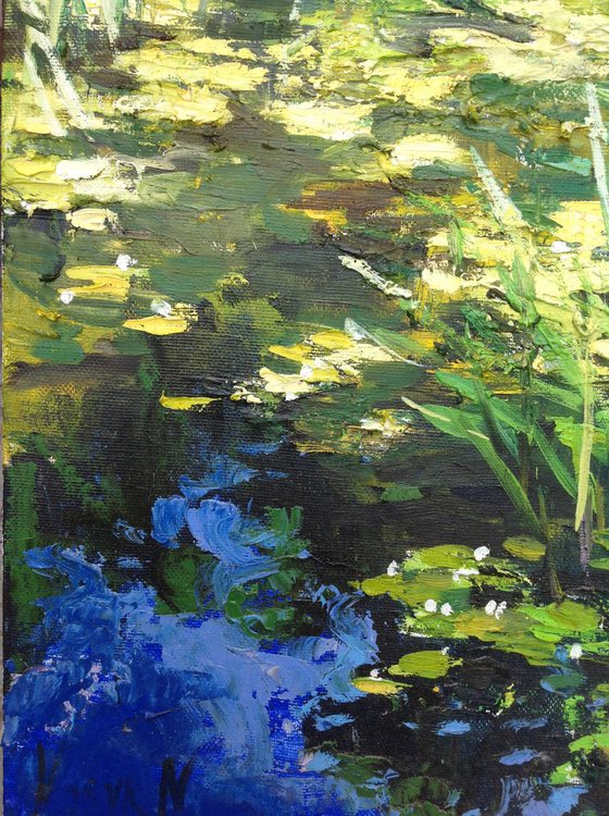 Abstract water lilies pond oil painting landscape river sunlight