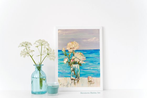 FLOWER MORNING - Seascape. White. Peonies. Tenderness. Shore. Blue art. Ocean view. Horizon. Romantic. Mood.