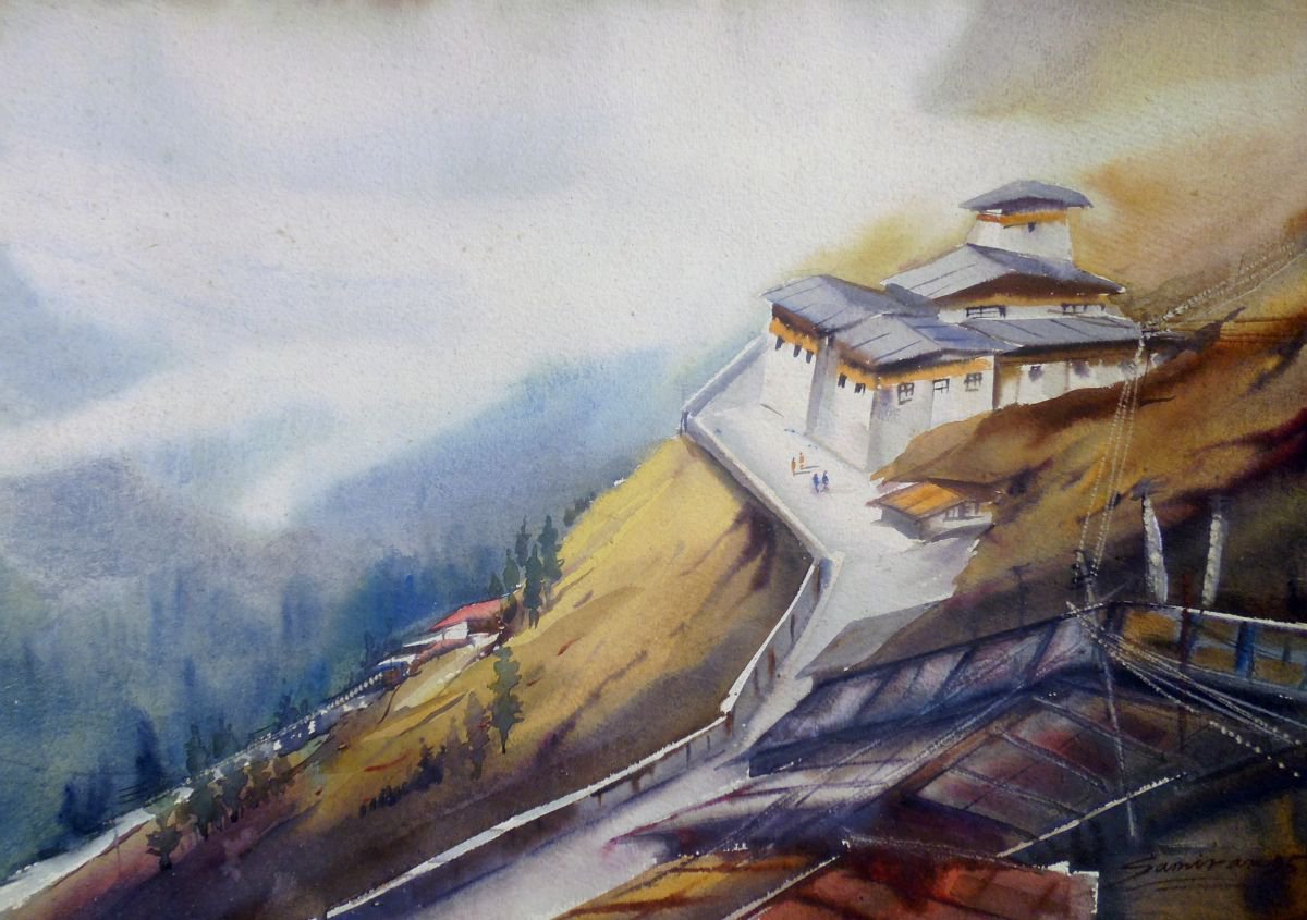 Buddhist Jung in Himalaya-Watercolor on Painting by Samiran Sarkar