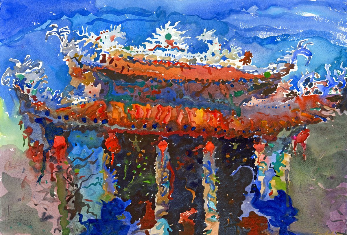 Impressionistic Cityscapes Watercolour By Tanbelia, 22 X 15", Tam Thai Pagoda, Original Artwork