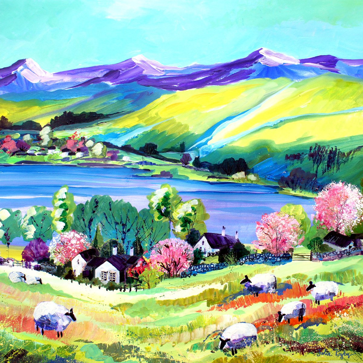 Impressionistic Landscape Acrylic Painting By Julia Rigby, 23 X 23", Grasmere View, Original Artwork