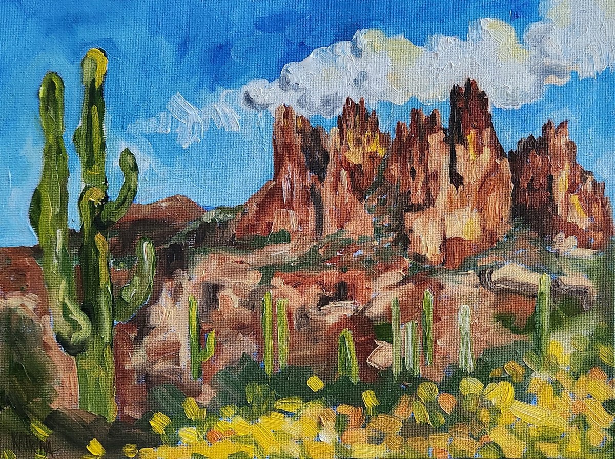 Impressionistic Landscape Oil Painting By Katrina Case, 14 X 11", Superstition Mountains, Original Artwork