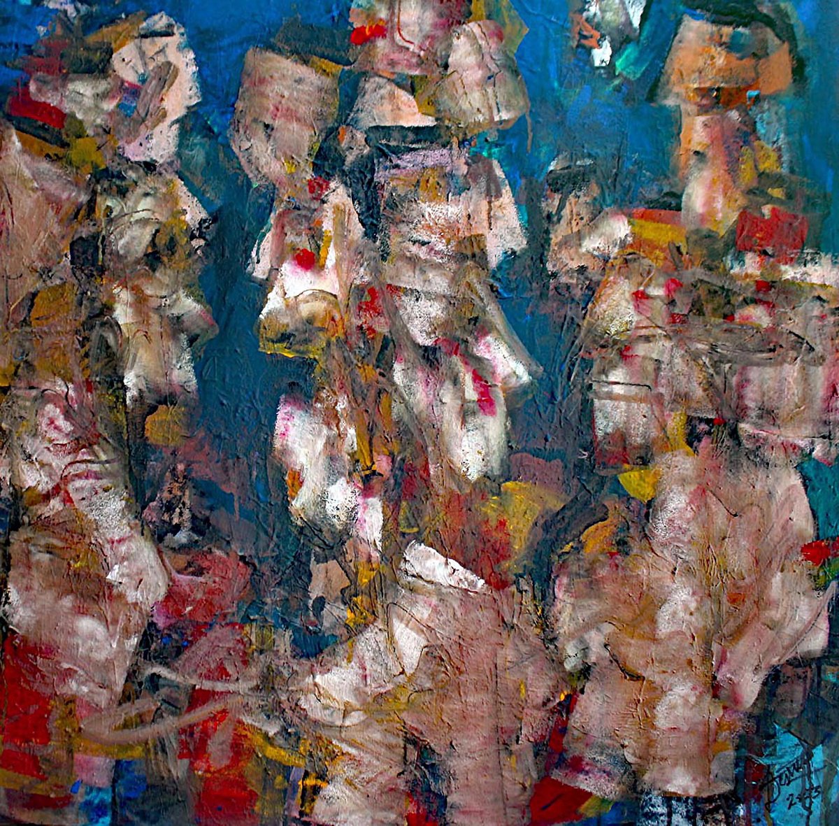 Abstract Painting By Jacques Donneaud, 39 X 39, Abstraction, Mouvement De Foule, Original Artwork