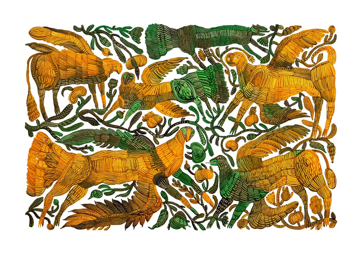 Naive Animal Watercolour By Yuliia Dunaieva, 39 X 28", Beast, Original Artwork