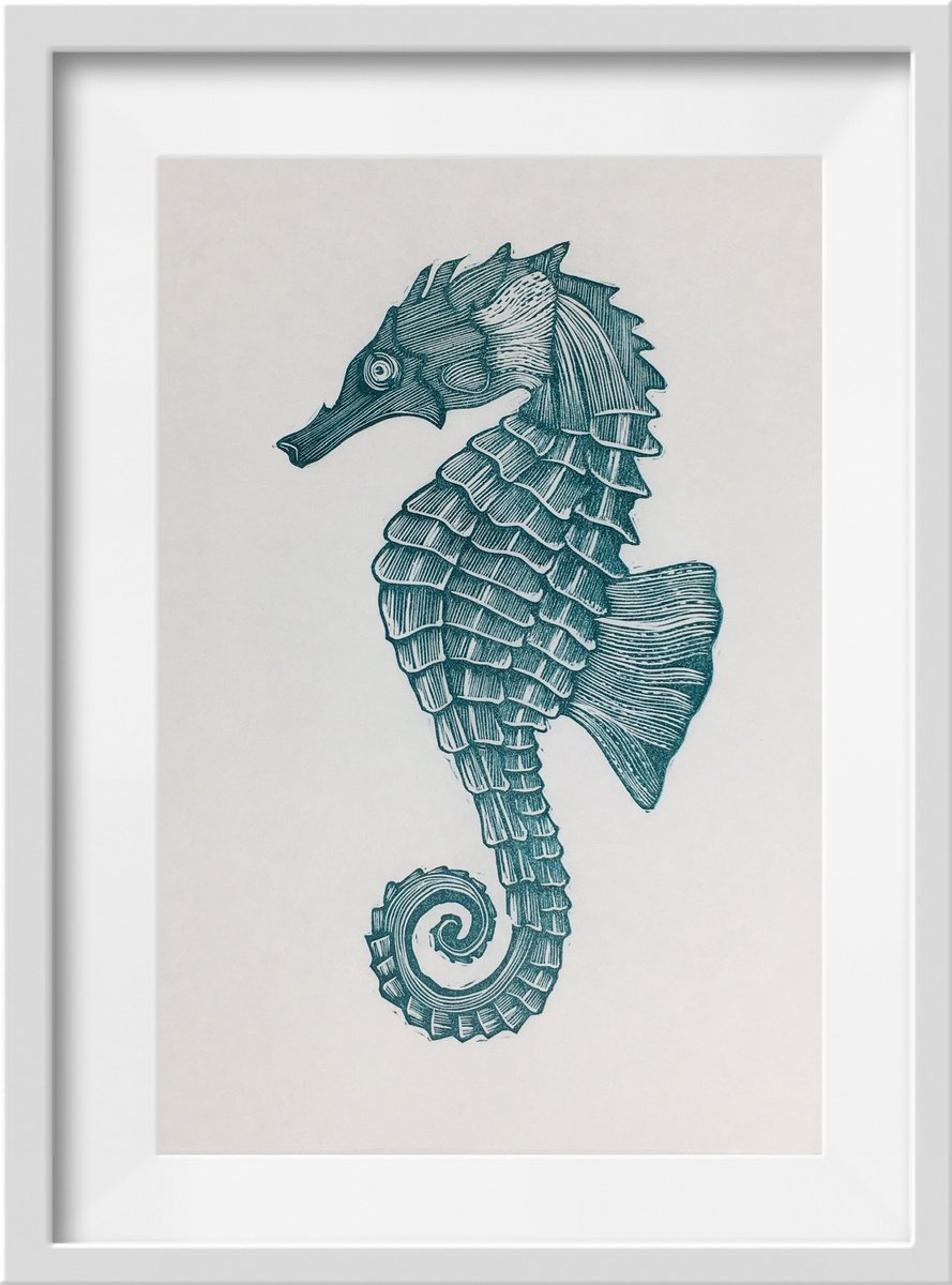 Teal Seahorse Linocut by Amy Cundall