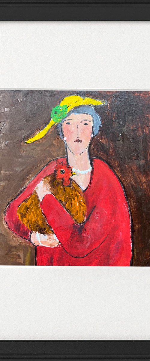 Modigliani Woman red dress chicken framed by Teresa Tanner