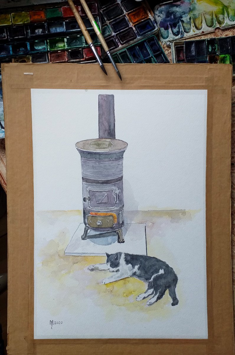 Impressionistic Animal Watercolour By Zoran Mihajlovic Muza, 11 X 16", Enjoying By The Stove, Original Artwork