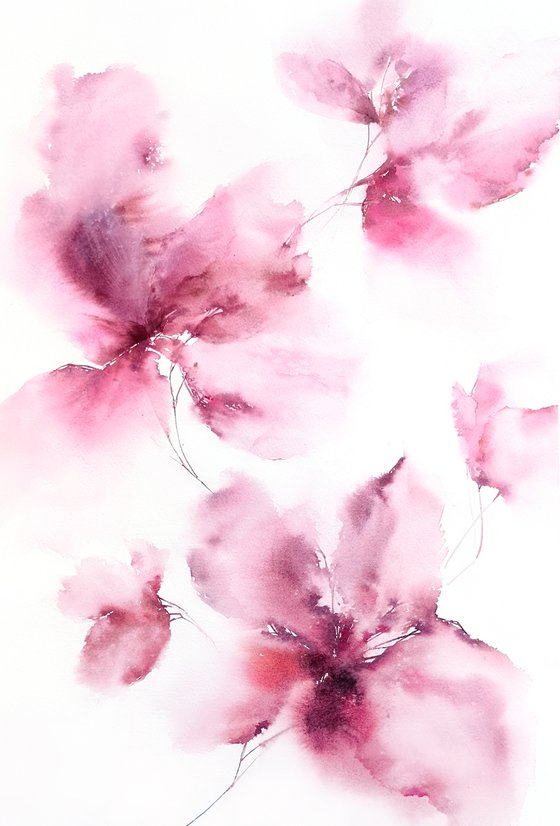 Pink flowers, soft floral painting "Touching"