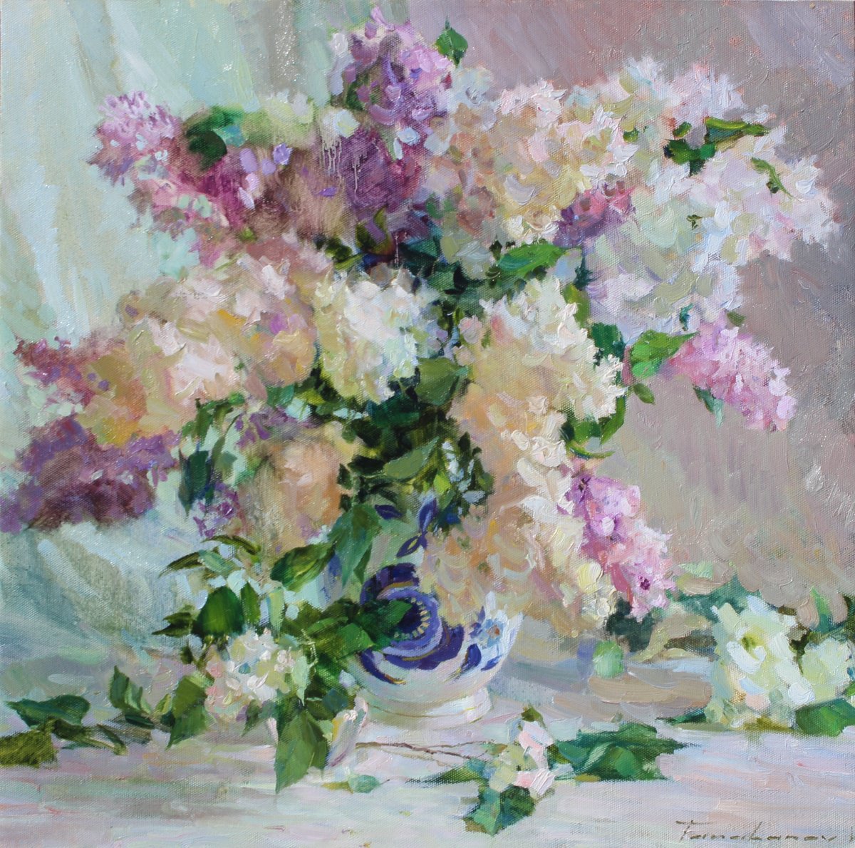 Impressionistic Still Life Oil Painting By Volodymyr Tarabanov, 28 X 28", Lush Lilac, Original Artwork