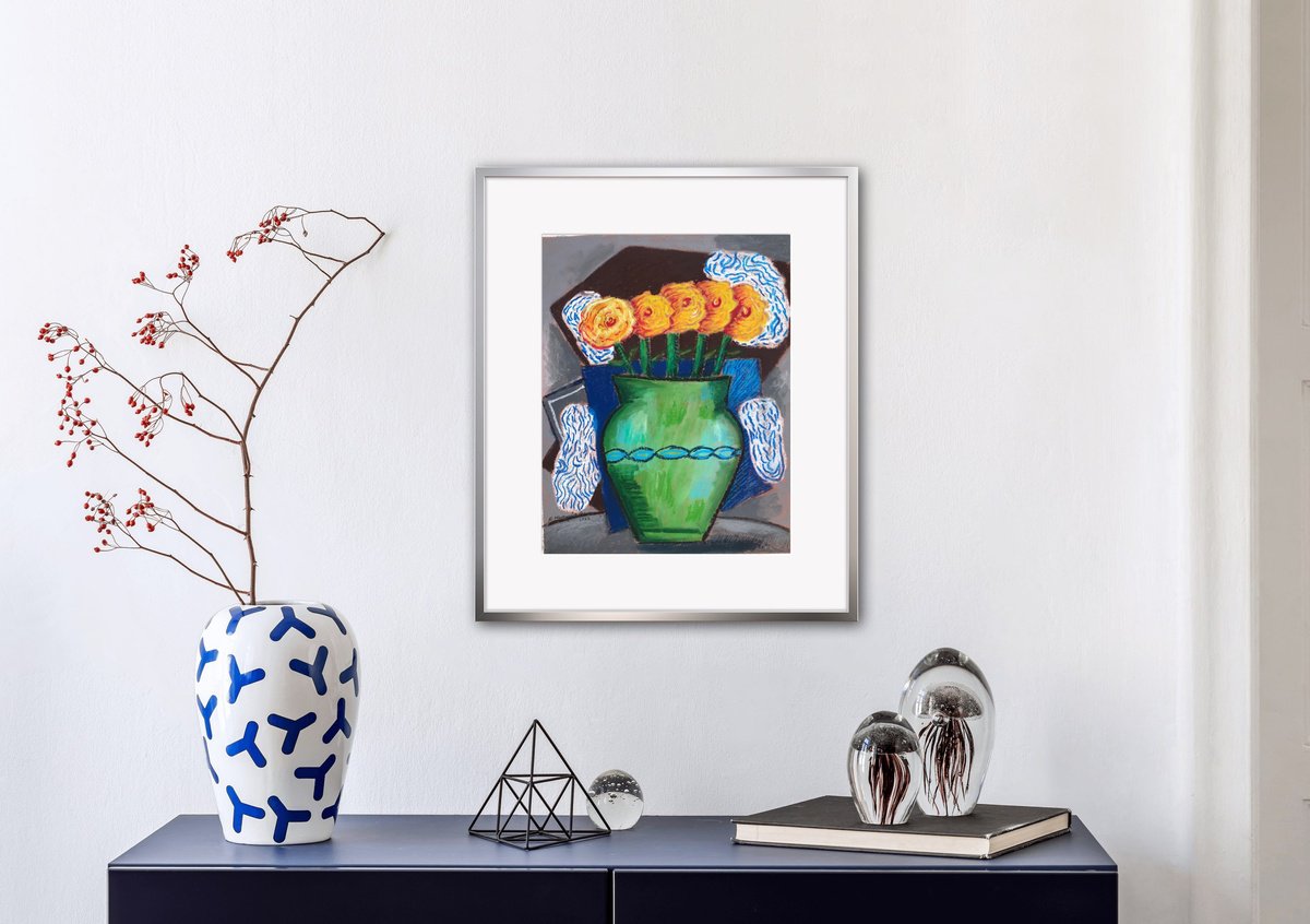 Geometric Botanical Painting By Roberto Munguia Garcia, 12 X 15", Five Yellow Flowers, Original Artwork