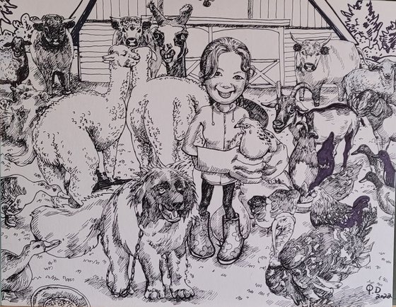 Commission Portraits of My Sister's Farm, Contemporary, Caricature Style, Pen&Ink