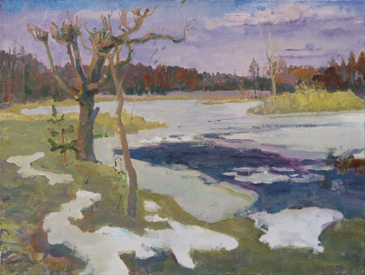 Thawed Patches On The Snow River By Victor Onyshchenko, 31 X 24, Artwork For Sale On Artfinder