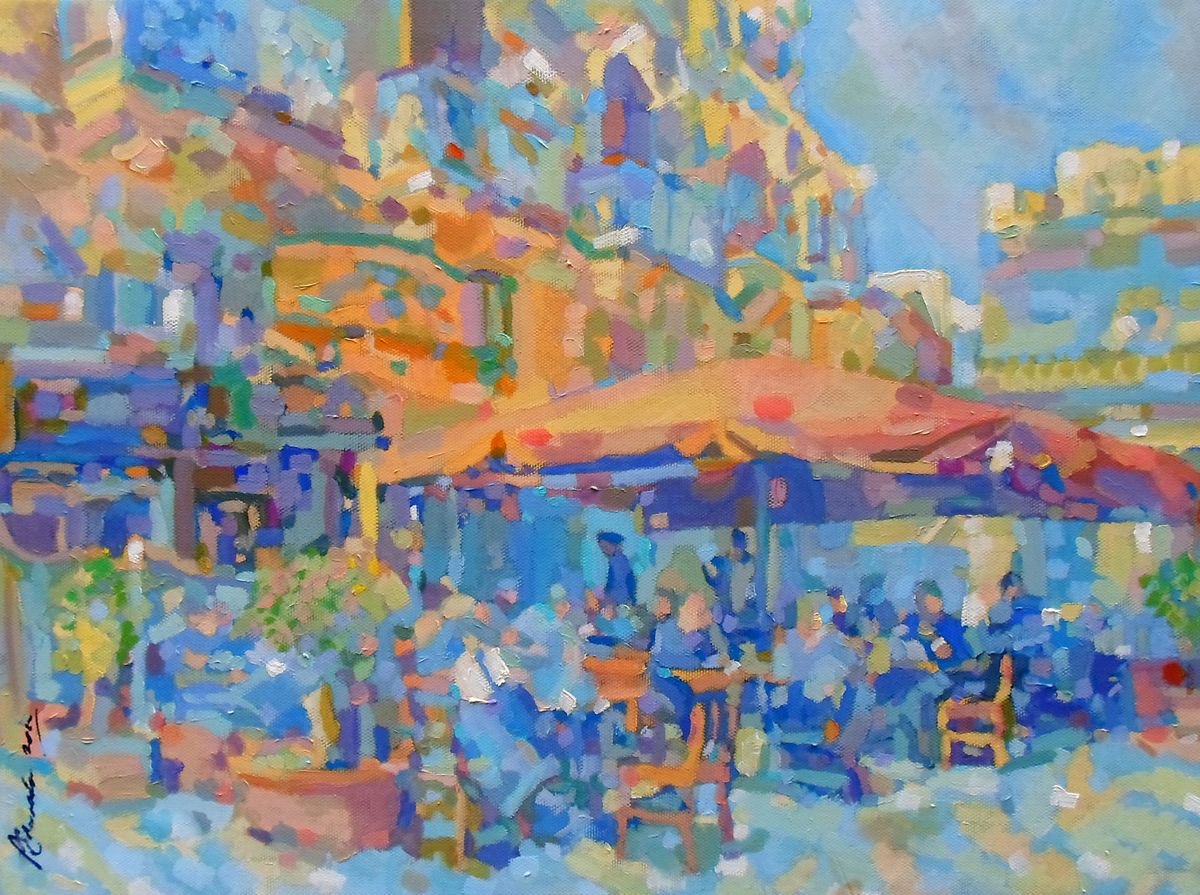 Cafe, Gozo, oil painting by paul edmondson