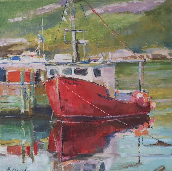 Red boat , plein air, original, one of a kind, oil on canvas painting, 12x12''