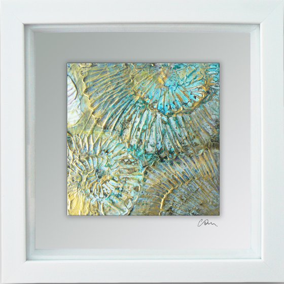 Fossil #5 (ammonite textured painting with gold highlights ) Framed ready to hang original