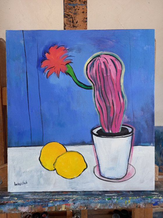 Pink Cactus with Flower and Lemons