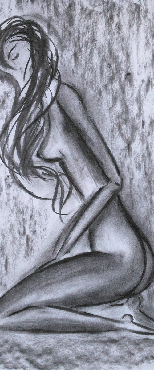 Woman Nude Charcoal Art by Halyna Kirichenko