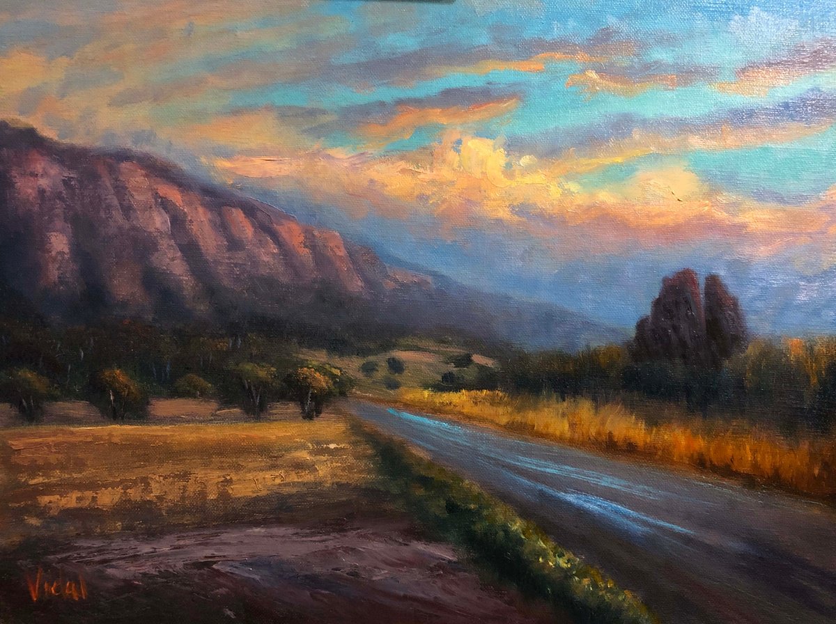 Impressionistic Landscape Oil Painting By Christopher Vidal, 16 X 12, Last Light On Mt Arapiles, Original Artwork
