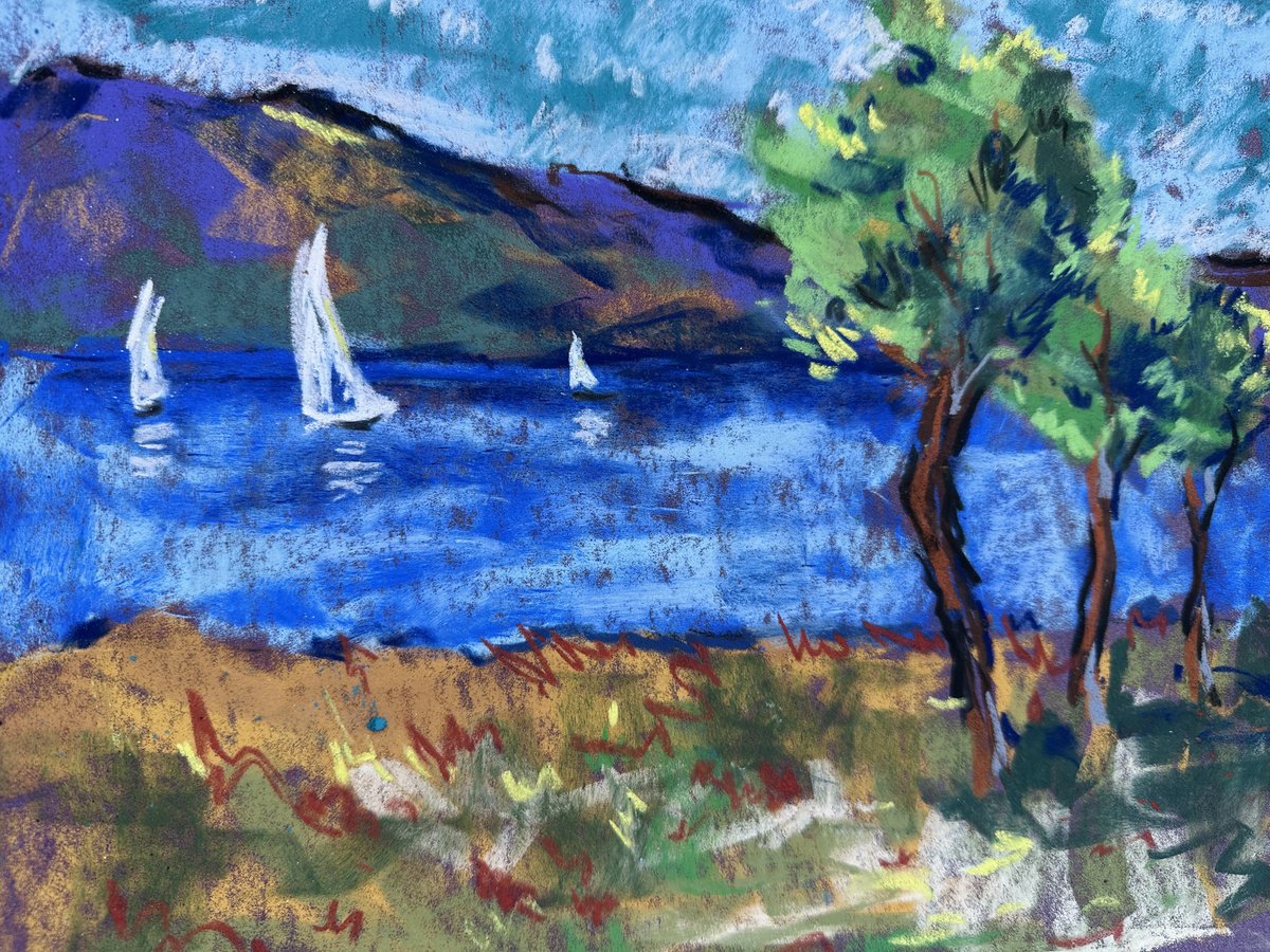 Impressionistic Landscape Pastel Drawing By Irina Anis, 12 X 9, Vivid Landscape With Sailboats, Original Artwork